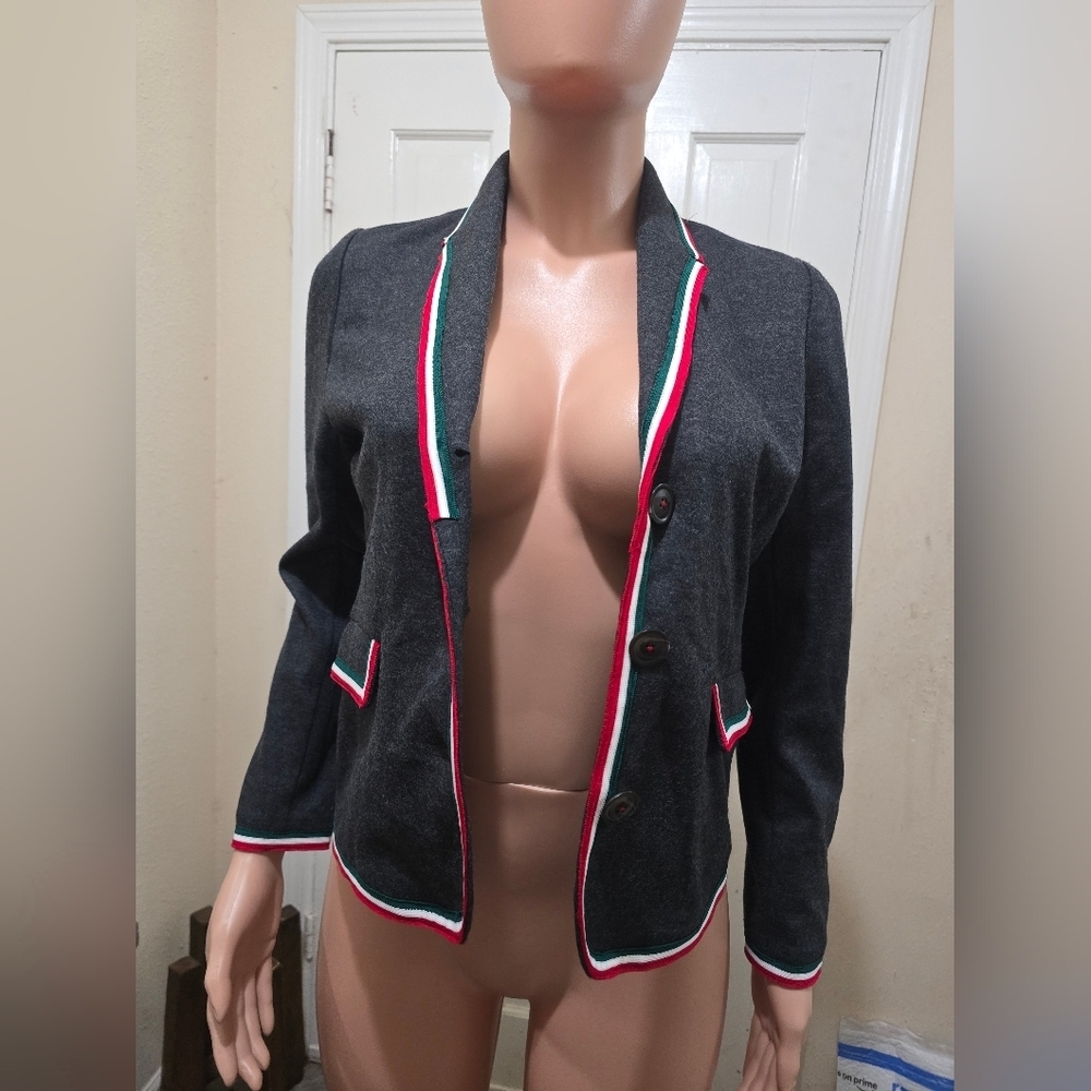 Charcoal Women's Blazer Jacket with Tricolor Trim